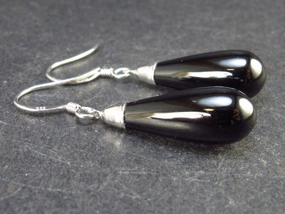 Long Pear Teardrop Black Spinel Dangle Shepherd Hook Sterling Silver Earrings - 1.5"
