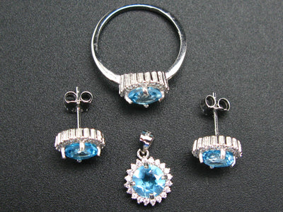 Natural Faceted Swiss Blue Toapz 925 Sterling Silver Set Ring Earring Necklace with CZ