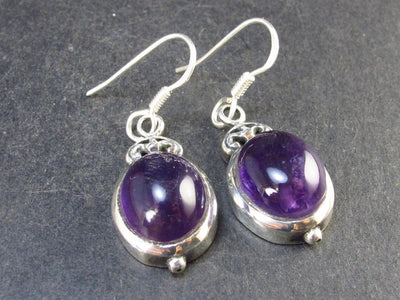 Minimalist Oval Shaped Cabochon Natural Amethyst 925 Sterling Silver Drop Earrings - 1.3" - 6.7 Grams