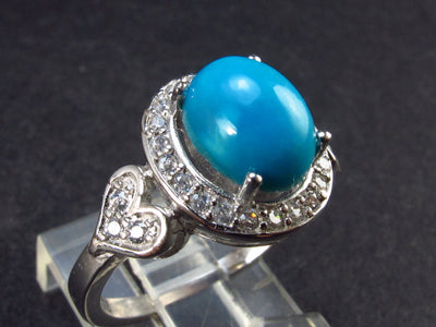 Cute Delicate Genuine Turquoise Sterling Silver Ring with CZ - Size 7