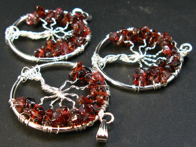 Set of Three Natural Red Garnet Almandine Tree of Life Healing Necklace Pendant