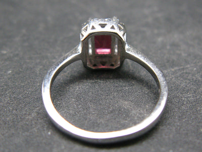 Natural Rectangular Faceted Red Garnet Rhodium Plated Sterling Silver Ring with CZ - Size 6.75