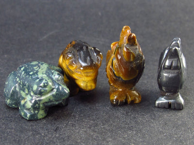 Four Small Natural Hematite Kambabba Jasper Tiger Eye Animal Carvings - 2 Rooster, Frog, Buffalo