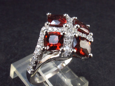 Natural Red Garnet Rhodium Plated Sterling Silver Ring with CZ - Size 7.25