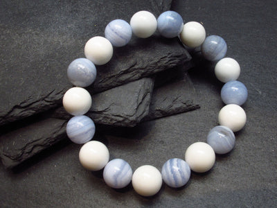 Blue Lace Agate & White Onyx Genuine Bracelet ~ 6.5 Inches ~ 10mm Round Beads