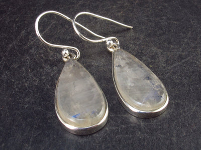 Tear Shaped Cabochon Natural Moonstone 925 Sterling Silver Drop Earrings - 1.5" - 4.5 Grams