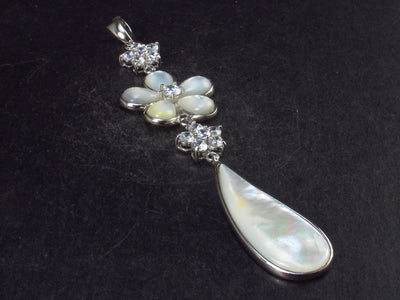 Flower and Tear Shaped Cabochon Mother of Pearl Sterling Silver Pendant - 3.5" - 7.6 Grams