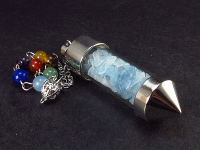 Glass Tube with Aquamarine Pendulum and 7 Chakra Beads Chain - 10.6"