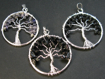 Set of Three Natural Black Tourmaline Schorl Tree of Life Healing Necklace Pendant