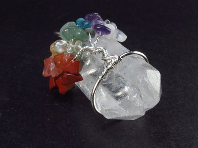Quartz Crystal with 7 Chakra Tumbled Gemstone Tree of Life Pendant - 2.8"