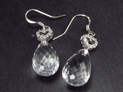 Lovely Faceted Pear Teardrop Clear Quartz Dangle Shepherd Hook Sterling Silver Earrings with Little Silver CZ Heart - 1.5"