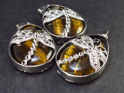 Set of 3 Natural Tiger's - Eye Tiger Eye Pendant with Dragonfly