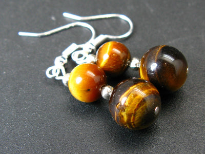 Simply Yet, Vivaciously Lovely - 7mm and 10mm Golden - Yellow Round Tiger Eye Beads Dangle Shepherd Hook Earrings