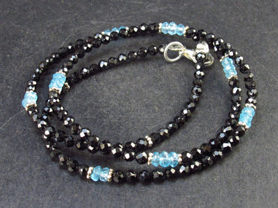 Handmade Lightweight Gem Sparkly Faceted Aquamarine and Black Spinel Small Beads Necklace - 17.5" - 7.2 Grams