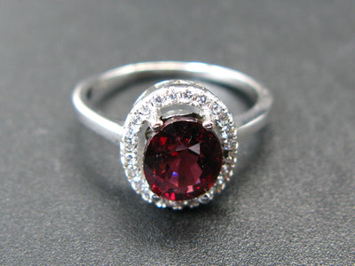 Natural Faceted Red Garnet Rhodium Plated Sterling Silver Ring with CZ - Size 6.5