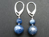 Exotic Blue Kyanite Crystal (also known as cyanite or disthene) Round Beads Dangle 925 Silver Leverback Earrings