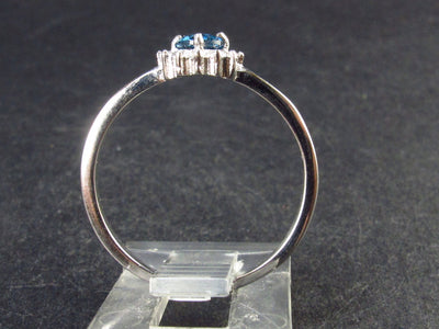 Natural Round Shaped Facetted Blue Topaz Crystal Sterling Silver Ring with CZ - 1.5 Grams - Size 8