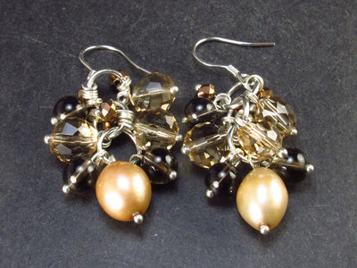 Cultured Freshwater Pearl and Glass Dangle 925 Silver Earrings - 1.9"