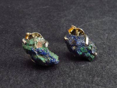 Cute Small Natural Raw Deep Blue Azurite with Green Malachite Crystal Studs Earrings In Sterling Silver From Mexico - 0.6"