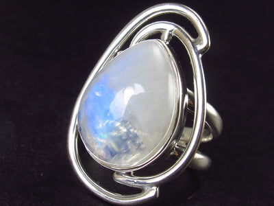 Pear Shaped Natural Moonstone 925 Silver Ring with Rainbow - Size 6.5