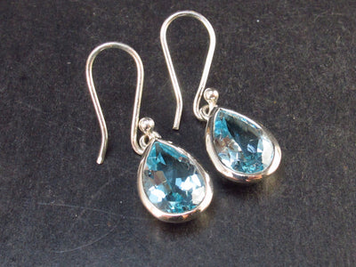Pear Shaped Faceted Natural Sky Blue Topaz Dangle 925 Silver Earrings from Brazil - 1.2" - 4.6 Grams