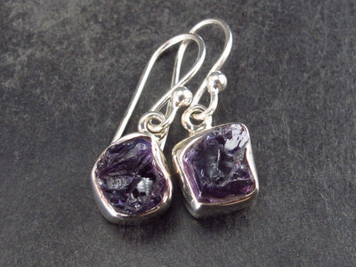 Natural Raw Gemmy Amethyst Crystal Sterling Silver Dangle Shepherd Hook Earrings From Mozambique - 0.9" - 2.6 Grams