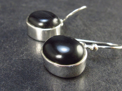 Black Onyx Cabochon Sterling Silver Earrings - 0.9" - 4.7 Grams