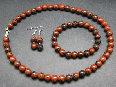 One-of-A-Kind!! Genuine Mahogany Obsidian Stone Necklace Earrings Bracelet Round 10mm Beads Set from Mexico