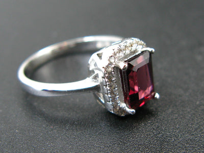 Natural Rectangular Faceted Red Garnet Rhodium Plated Sterling Silver Ring with CZ - Size 6