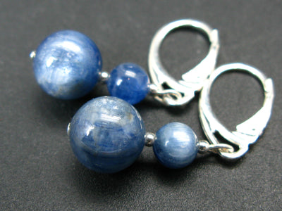 Exotic Blue Kyanite Crystal (also known as cyanite or disthene) Round Beads Dangle 925 Silver Leverback Earrings