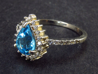 Natural Pear Shaped Swiss Blue Topaz Crystal Sterling Silver Ring with CZ - Size 8